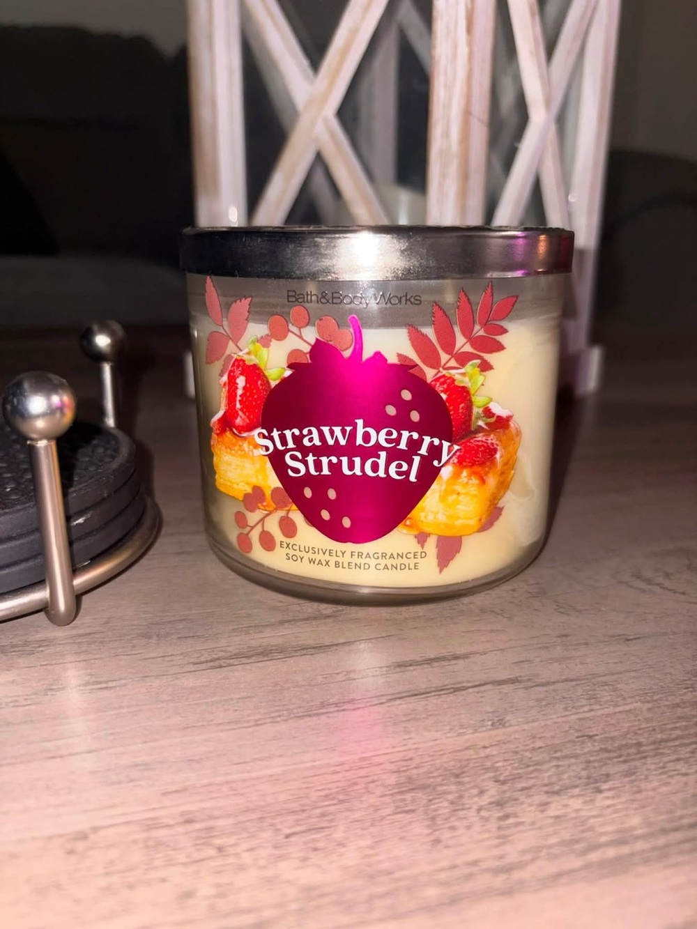 Bath & Body Works Strawberry Strudel Candle - Cream & Pink Accents